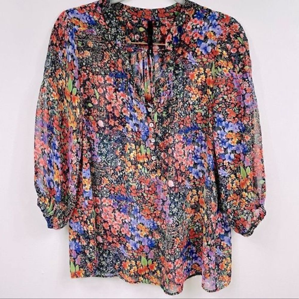 Bellatrix | floral  long sleeve Blouse Small , tie neck, multicolored